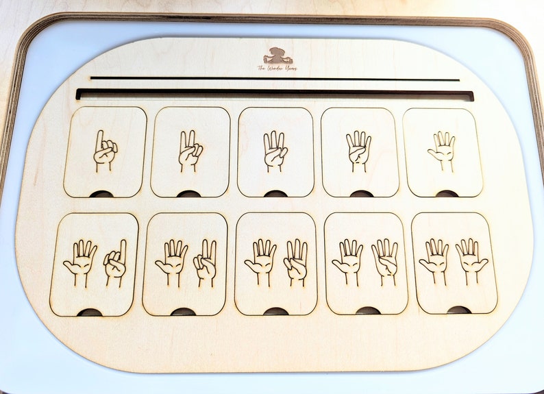 May include: Wooden board with 10 slots, each containing a different hand sign representing a number from 1 to 10. The board is labeled "The Wonder Shop".
