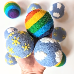 Extra Large Sun Clouds Rainbow Felt Balls / Montessori Sensory Bin Balls / XL Needle Felted Juggling Balls / Wool Dryer Balls Cat Dog Toy