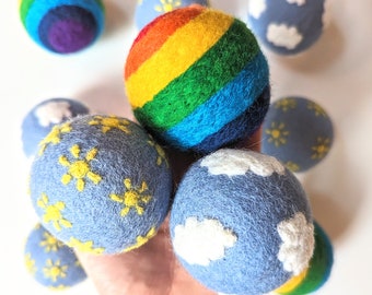 Extra Large Sun Clouds Rainbow Felt Balls / Montessori Sensory Bin Balls / XL Needle Felted Juggling Balls / Wool Dryer Balls Cat Dog Toy