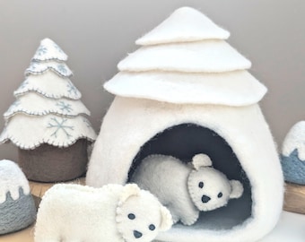 Felt Winter Ice Cave Play House / Arctic Cave for Small World Play / Needle Felted Wool Glacier Fairy Gnome Polar Bear Penguin Cottage
