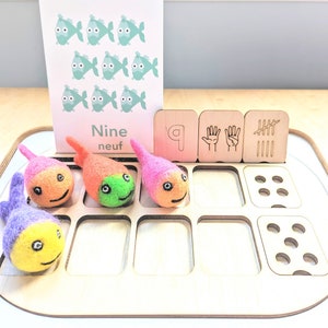 May include: A wooden learning tray with nine felt fish, a card with the word "Nine" and the French word "neuf", and wooden blocks with the number 9, a hand with five fingers, and tally marks.