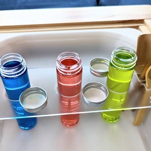 May include: A clear acrylic tray with three glass bottles filled with blue, red, and green liquid. The bottles have silver lids and are sitting on a white surface. There are also three silicone droppers in pink, green, and blue. The tray has a small wooden handle on the side.