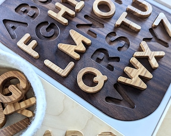 ABC Uppercase Alphabet Puzzle Walnut Wood Flisat Insert / Wooden Montessori Uppercase Alphabet Tray / Hardwood Puzzle Tracing Set