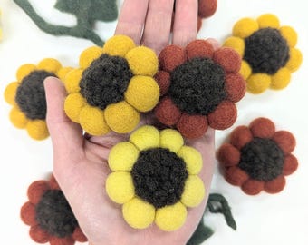 Girassóis de feltro em peças soltas / Girassol de lã feltrada à agulha para artesanato sensorial, guirlandas e decorações / Enfeite de outono e Ação de Graças