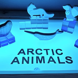 May include: A light blue light table with the words "ARCTIC ANIMALS" printed on the surface.  There are several wooden animal figurines on the table, including a seal, a narwhal, a fox, and an owl.  The animals are arranged on top of blue blocks.