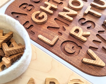ABC Uppercase Alphabet Sapele Wood Puzzle Flisat Insert / Wooden Montessori Uppercase Alphabet Tray / Hardwood Letters Puzzle Tracing Set