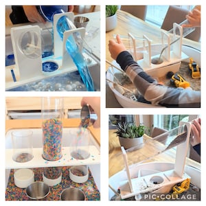 May include: Four different setups for a sensory play activity. The first shows a clear blue liquid being poured through a clear tube into a white tray with white and blue plastic pieces. The second shows a white tray with a sand-like material and a clear tube with a white plastic piece at the end. The third shows a white tray with three clear tubes filled with colorful rice. The fourth shows a clear tube with brown material being poured into a white tray with a white plastic piece at the end.
