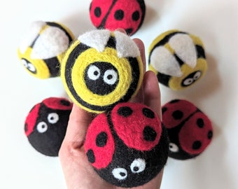 Extra Large Felt Bee Ladybug Balls / XL Felt Bug Dryer Ball / LG Needle Felted Wool Sensory Balls / Felt Jumbo Bumblebee Lady Bugs Balls