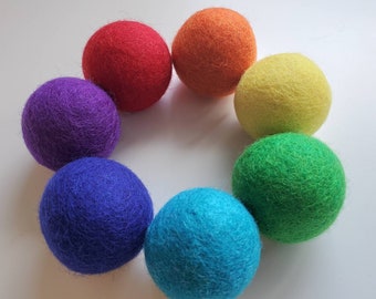 BIG FELT Balls Rainbow Primary Colors Set of 7 1.6 in 4 cm / Large Wool Montessori Colour Sorting Play Food Math Manipulatives Pom Poms