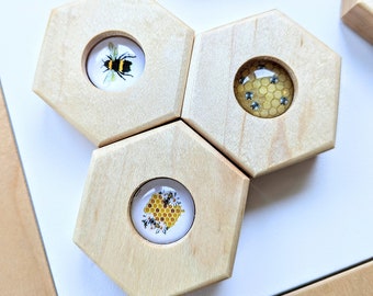 Bee Blocks / Bee Gem Blocks / Beehive Blocks / Bee Sensory Bin / Bee Sehsory Kit / Montessori Blocks / Wood Blocks / Hexagon Blocks / Flisat