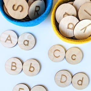 Discos de letras de madera / Monedas de letras de madera / Alfabeto de Flisat / Letras de madera / Discos del alfabeto / Alfabeto en mayúsculas / Alfabeto en minúsculas