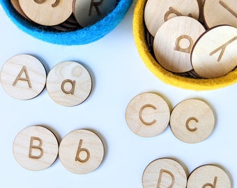 Engraved Montessori Wooden Letter Discs / Wood Letter Coins Loose Parts for Spelling Games / Laser Cut Uppercase Lowercase Alphabet Coins