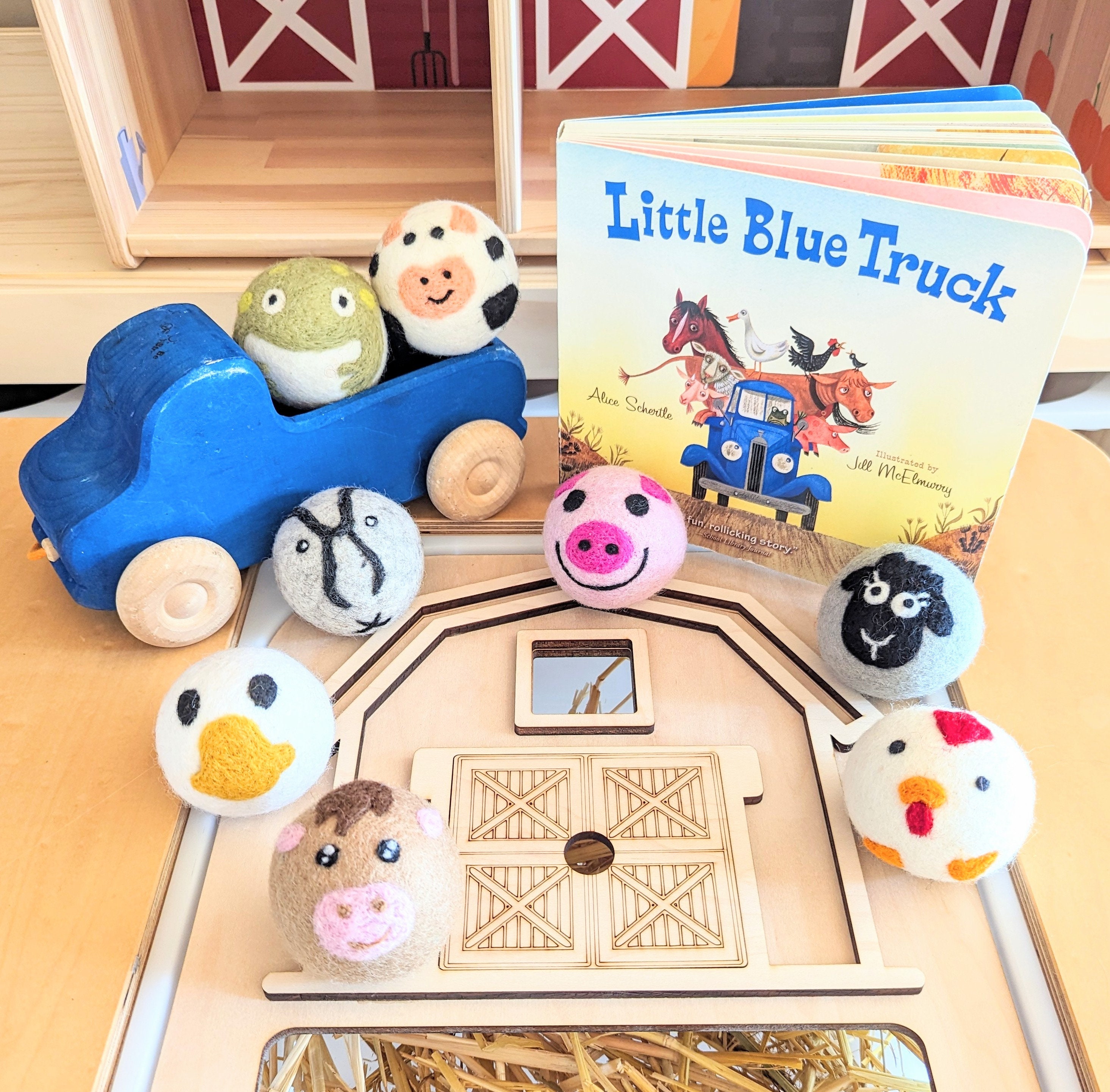 Blue Truck Characters XL Farm Animals / Needle Felted Wool Farm Animals Dryer Balls / Blue Truck Bookish Play Farm Animals Sensory Play Set