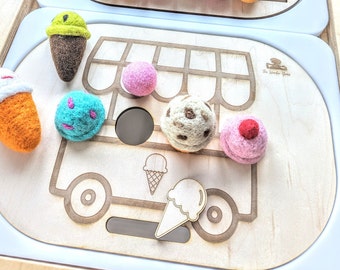 Flisat-ijskarretje / vilten ijsjes speelset met ijswagen Trofast deksel sensorbak / IJssnoepjes zintuiglijke speelset