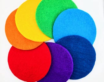 Felt Pads Open Ended Uses Rainbow Set of 7 - Round Toddler Chair Stool Bench Eco Wool Cushion Seat Pads Carpet Circles Color Game Play Mats