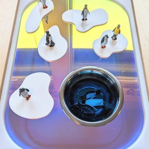 May include: A sensory play tray with a reflective surface and a stainless steel bowl. Miniature penguin figurines stand on white, irregular-shaped platforms. The tray has a wooden frame and a colourful, iridescent background.