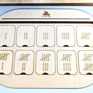 May include: A wooden counting tray with ten compartments, each containing a different number of tally marks. The tray is labeled "The Number Shop".