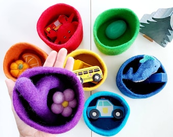 Felt Rainbow Color Sorting Bowls / Felted Wool Stacking Bowls / Montessori Needle Felt Toy Baskets / Rainbow Colours Felt Bowls