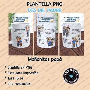 Könnte beinhalten: Weiße Keramikbecher mit Cartoon-Illustrationen und spanischem Text. Die Becher zeigen Bilder von Vater und Sohn mit Sätzen wie "Happy Father's Day" und "Das perfekte Geschenk für einen Papa mit Humor."