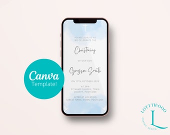 Peut inclure: Un smartphone affiche une invitation de baptême avec une écriture élégante et un fond bleu clair aquarelle. L'invitation comprend le texte "Baptême de notre fils" et les détails de l'événement. Un cercle turquoise avec "Canva Template!" est à gauche.