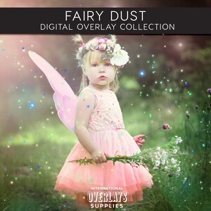 May include: A young girl wearing a pink dress and fairy wings stands in a field of green grass with white flowers. The background is blurred and has a soft, pink glow with sparkling lights.