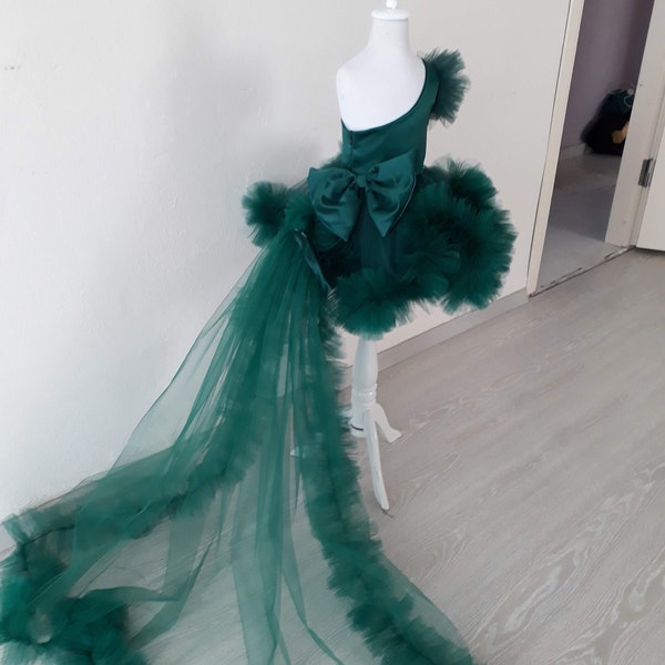 Smaragdgrünes Mädchenkleid, Luxusgrünes Mädchenkleid, Geburtstagskindkleid, Party-Girl-Outfit, 1