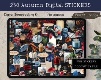 Può includere: Un kit di scrapbooking digitale con 250 adesivi a tema autunnale. L'immagine presenta un tablet che mostra vari adesivi PNG pre-ritagliati, tra cui zucche, decorazioni accoglienti e testo come "Be Kind". Decorazioni per diari.