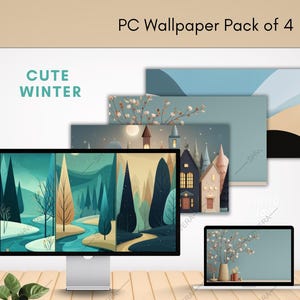 May include: A computer monitor and laptop displaying winter-themed digital wallpapers. The wallpapers show illustrations of winter landscapes, trees, and houses. The text "PC Wallpaper Pack of 4" and "Cute Winter" are visible.