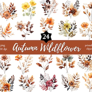May include: A set of 24 watercolor illustrations of autumn wildflowers. The illustrations feature a variety of flowers in shades of orange, yellow, red, and brown, with delicate leaves and stems. The illustrations are perfect for adding a touch of autumn to your designs.