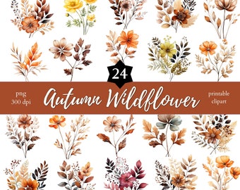 24 Autumn Wildflower Bouquet digital clipart set, Png Autumn bunch bundle, Fall clipart, Printable scrapbook stickers, Autumn leaves pack