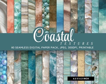 Paquete de 80 texturas costeras, paquete de papeles digitales de playa, patrones sin costuras de mármol oceánico, uso comercial a 300 ppp.