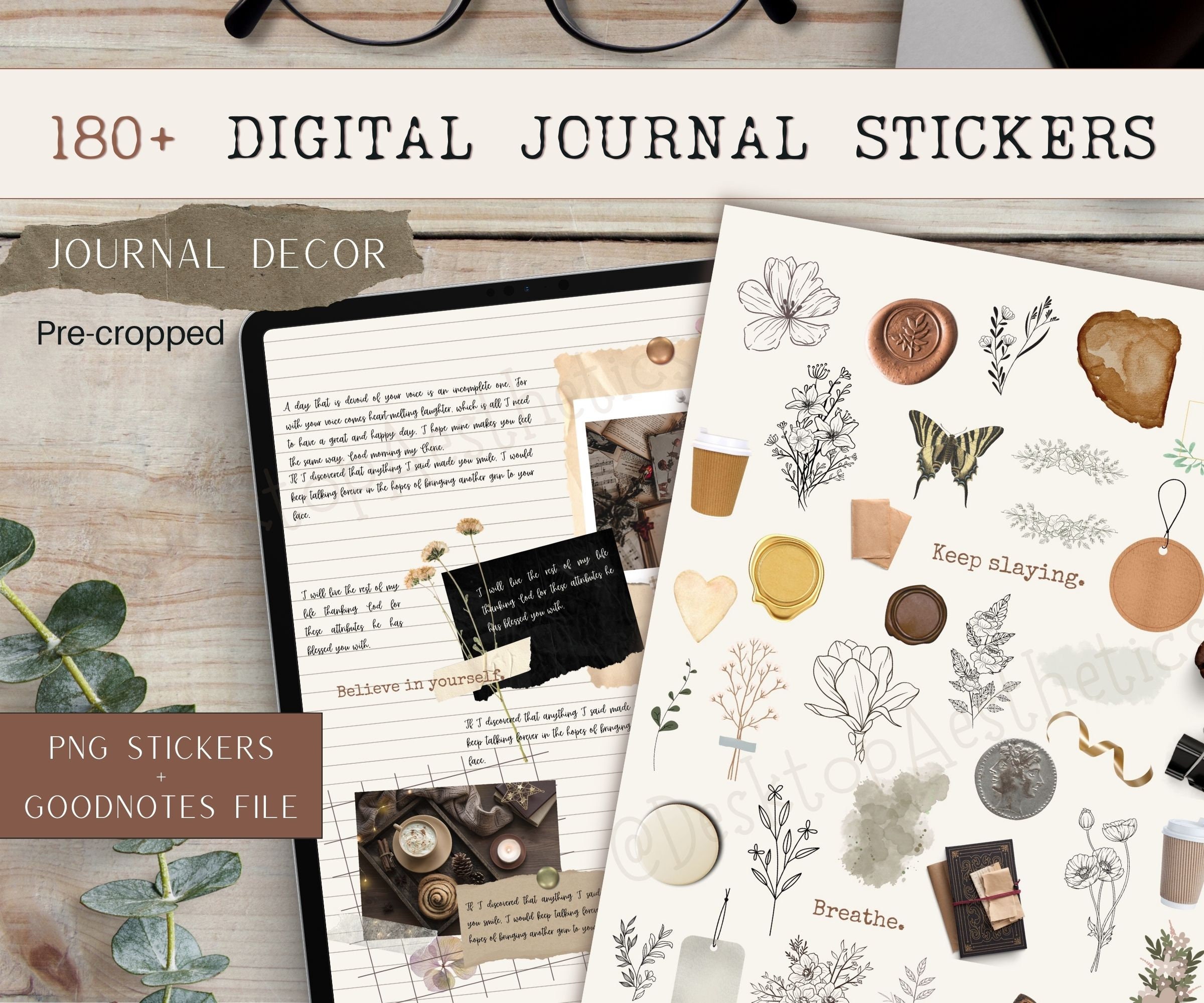 180 Digitale Journal Aufkleber | Vorgeschnittene Goodnotes-Aufkleber | Bullet Journal Aufkleber | Sticker für iPad | Bekanntheit | Ästhetischer Aufkleber
