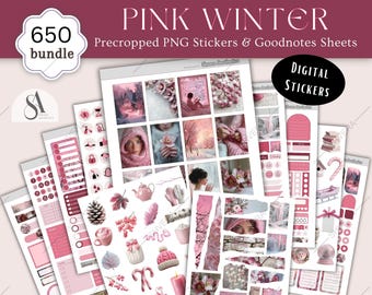May include: A collection of digital stickers and Goodnotes sheets with a pink winter theme. The image includes various stickers, such as a pink teapot, a cozy hat, and a snow globe. The text on the image says "PINK WINTER" and "DIGITAL STICKERS".