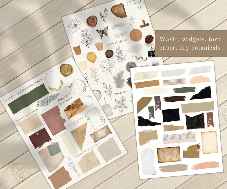 May include: A set of printable planner stickers featuring a variety of designs, including torn paper, washi tape, botanical illustrations, and inspirational quotes. The quotes include "Believe. You're halfway there." and "Work hard. Pray hard!"