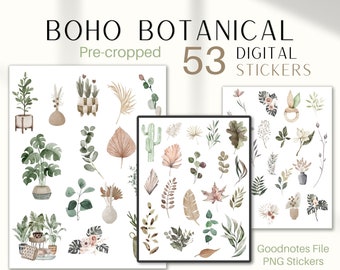 Boho Botanical Digital Stickers, Pre-cropped Goodnotes Stickers | 53 Plant Digital Planner Stickers, Journal | PNG Watercolor | Notability