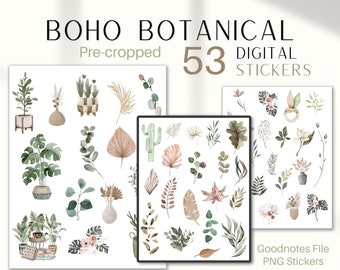 Boho Botanical Digital Stickers, Pre-cropped Goodnotes Stickers | 53 Plant Digital Planner Stickers, Journal | PNG Watercolor | Notability