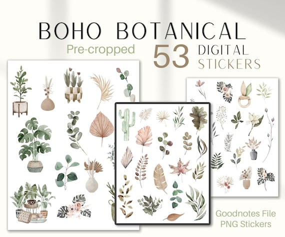 Boho Botanical Digital Stickers, Pre-cropped Goodnotes Stickers | 53 Plant Digital Planner Stickers, Journal | PNG Watercolor | Notability