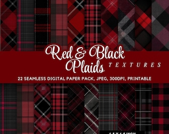 22 Seamless Red Black Plaid Digital Paper Pack, Tartan Check Pattern Backgrounds, Buffalo Check Textures, 300 DPI Commercial Use