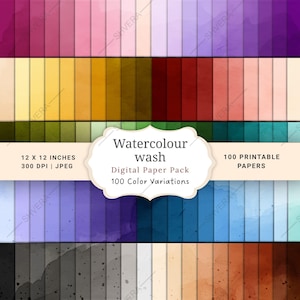 Può includere: Un pacchetto di carta digitale con 100 variazioni di colore acquerello in una griglia. L'etichetta centrale riporta: Watercolour wash, Digital Paper Pack, 100 Color Variations, 12 X 12 INCHES, 300 DPI | JPEG, 100 PRINTABLE PAPERS.