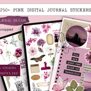 May include: A digital planner sticker set with over 250 pink and purple floral, butterfly, and watercolor designs. The stickers are pre-cropped and can be used in Goodnotes and other digital note-taking apps. The set includes stickers with text such as "You are your own kind of beautiful" and "Only Limit Your Mind".