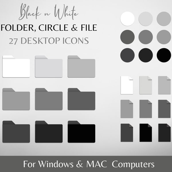 27 Black n White Desktop Folder Icons for MACBOOK and WINDOWS Computers, Black Circle, Folder, File Icons for PC, Digital Download, Mac Icon