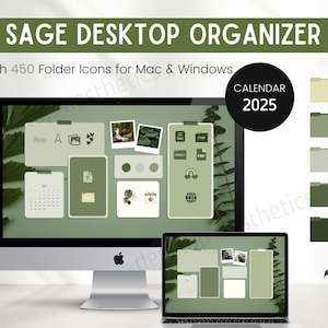 Calendar 2025 Sage Desktop Organizer with 450 Folder Icons for Mac, Windows | Botanical Desktop Icons  | Desktop Wallpaper | Mac Wallpaper