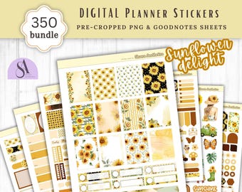 Sunflowers Digital Journal Sticker Bundle | Pre-cropped Goodnotes, PNG, Bullet Journaling kit iPad, Notability, Yellow, Instant Download