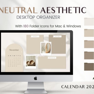Neutral Boho Desktop Organizer with 2024 Calendar 180 Aesthetic Folder Icons, Mac Desktop, Windows, Beige PC Icons, Desktop Customization