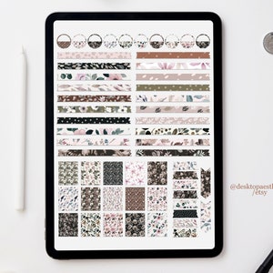 May include: A digital tablet screen displaying a collection of digital planner stickers featuring floral patterns in shades of pink, green, and brown. The stickers include circles, stripes, and squares. The text "@desktopaesthetics /etsy" is visible in the bottom right corner of the screen.