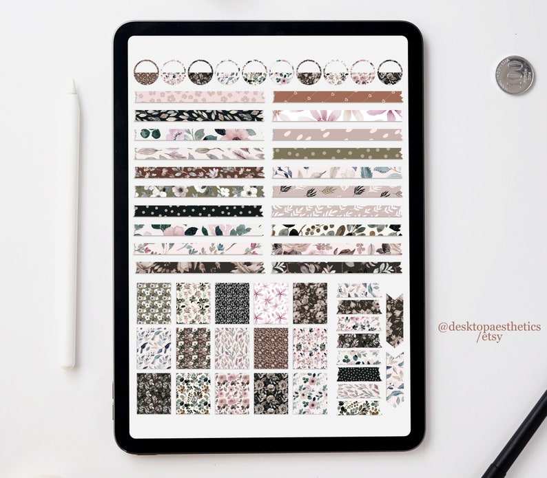 May include: A digital tablet screen displaying a collection of digital planner stickers featuring floral patterns in shades of pink, green, and brown. The stickers include circles, stripes, and squares. The text "@desktopaesthetics /etsy" is visible in the bottom right corner of the screen.
