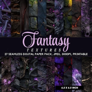 May include: A digital paper pack with 27 seamless fantasy textures. The textures include stone, wood, and plant elements in shades of purple, black, and brown. Each paper measures 16.5 x 16.5 cm.