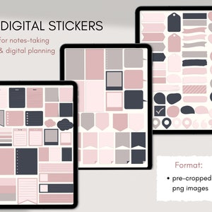 May include: Digital stickers for note-taking and digital planning. The stickers are in a variety of shapes and sizes, including rectangles, circles, and speech bubbles. The stickers are in shades of pink, gray, and black.
