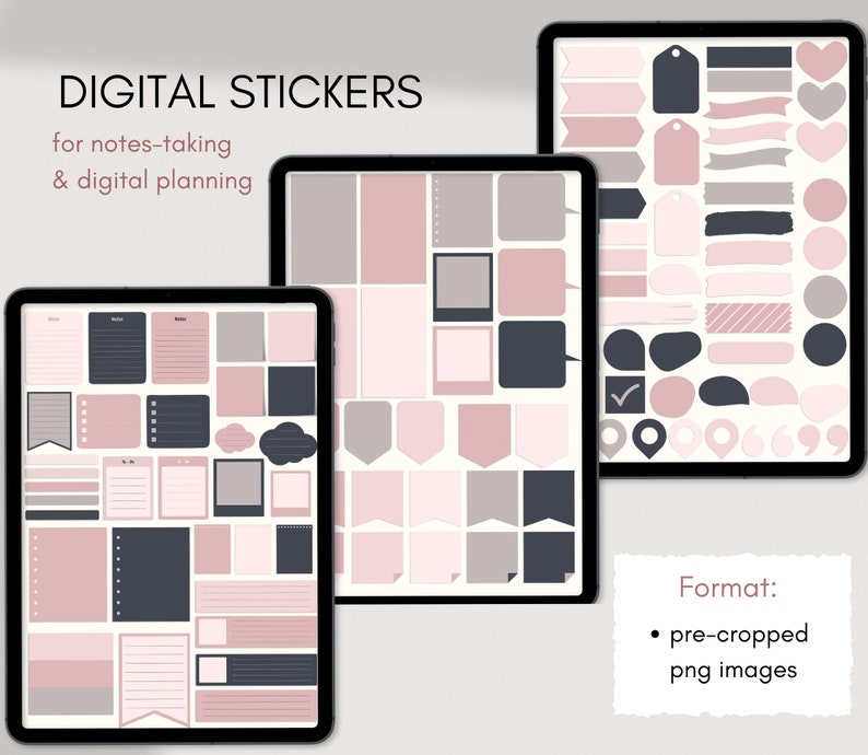 May include: Digital stickers for note-taking and digital planning. The stickers are in a variety of shapes and sizes, including rectangles, circles, and speech bubbles. The stickers are in shades of pink, gray, and black.