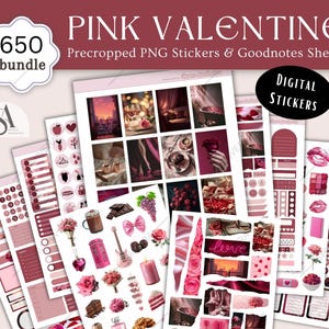 Pode incluir: Um pacote de adesivos digitais com tema de Dia dos Namorados rosa. A imagem apresenta adesivos PNG pré-cortados e folhas Goodnotes. Os adesivos incluem várias ilustrações, como rosas, corações e outros elementos românticos. O texto diz "Pink Valentine" e "Digital Stickers".